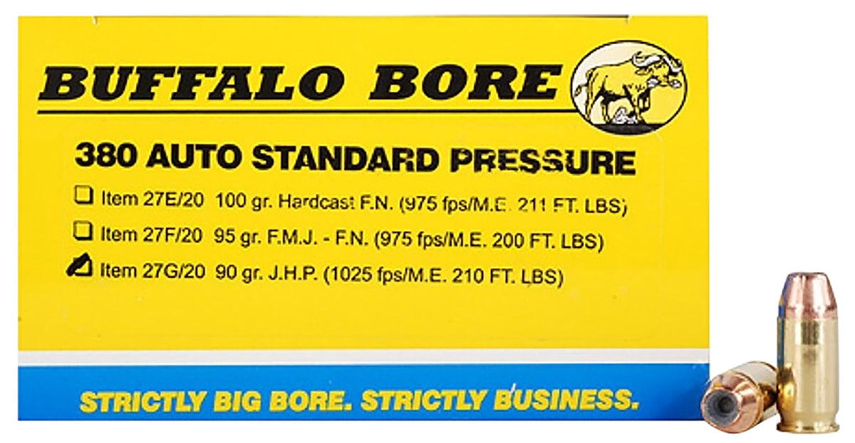 Buffalo Bore .380 ACP/Auto Standard Pressure 90 grain Jacketed Hollow Point ammunition
