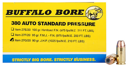 Buffalo Bore .380 ACP/Auto Standard Pressure 90 grain Jacketed Hollow Point ammunition