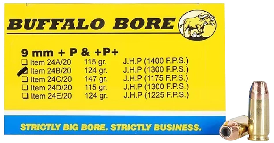 Buffalo Bore 9mm Luger / Parabellum Personal Defense +P+ 124 grain Jacketed Hollow Point ammunition