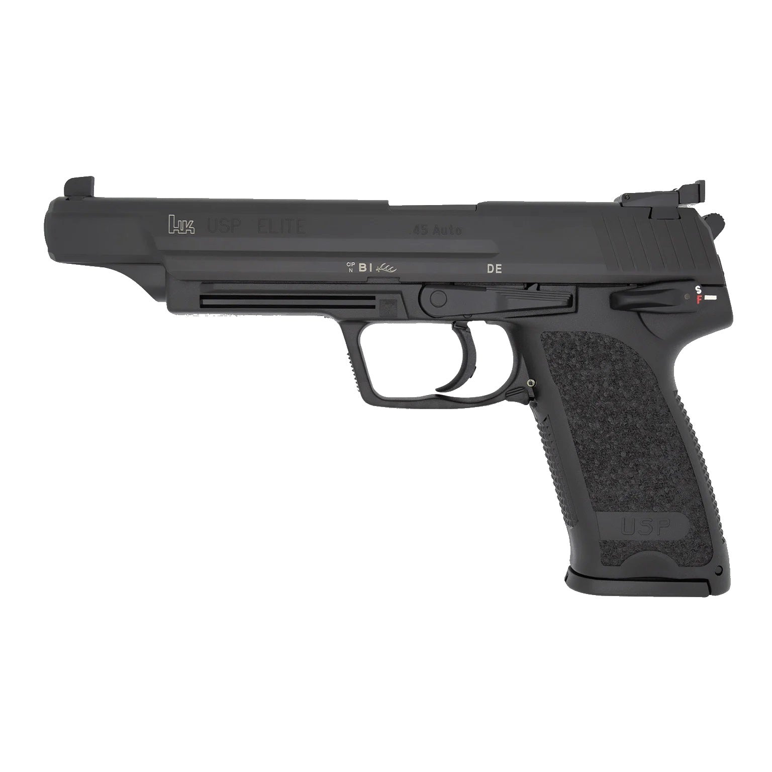 HK 81000367 USP V1 Elite 45 ACP 12+1 6.02" Stainless Stainless Steel Barrel, Black Long/Serrated Steel Slide, Black Polymer Frame, Black Polymer Grip, Includes Two Mags