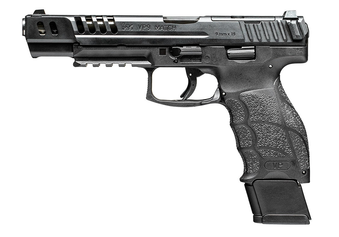 HK 81000553 VP9 Match 9mm Luger 20+1 5.51" Polygonal Rifled Barrel, Black Optic Ready/Serrated w/Ports Slide & Frame w/Picatinny Rail, Black Finger Grooved Polymer Grips, Ambidextrous