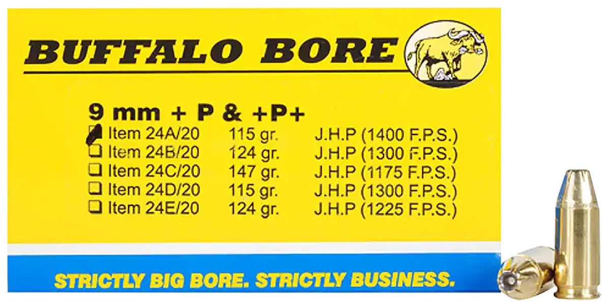Buffalo Bore 9mm Luger / Parabellum Personal Defense +P+ 115 grain Jacketed Hollow Point ammunition