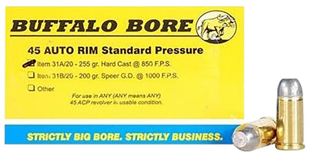 Buffalo Bore .45 Auto Rim Standard Pressure 255 grain Hard Cast Flat Nose ammunition