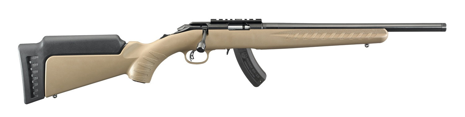 Ruger 8371 American Rimfire 17 HMR 15+1 16" Satin Blued Threaded Barrel & Alloy Steel Receiver w/Picatinny Rail, Black/FDE High Comb Synthetic Stock, Thread Protector