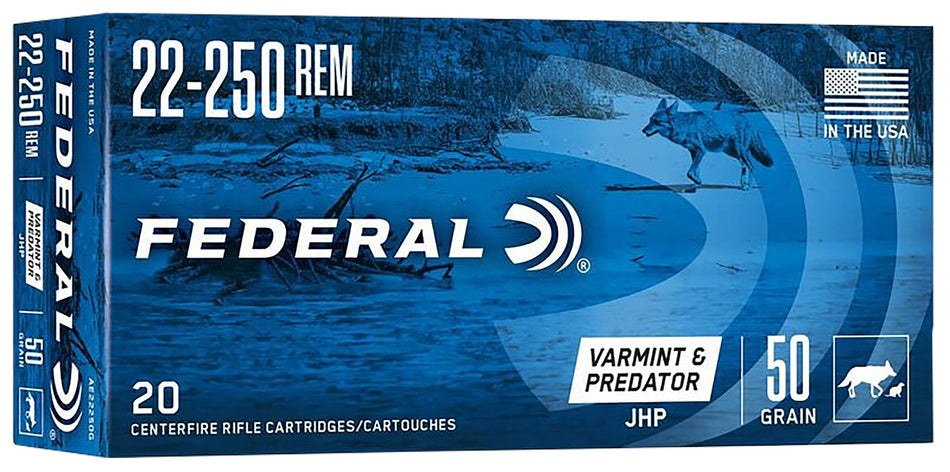 American Eagle Varmint & Predator Jacketed Hollow Point 50 Grain .22-250 Remington 3850 fps 029465063962