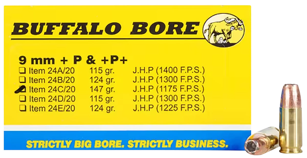 Buffalo Bore 9mm Luger / Parabellum Personal Defense +P+ 147 grain Jacketed Hollow Point ammunition