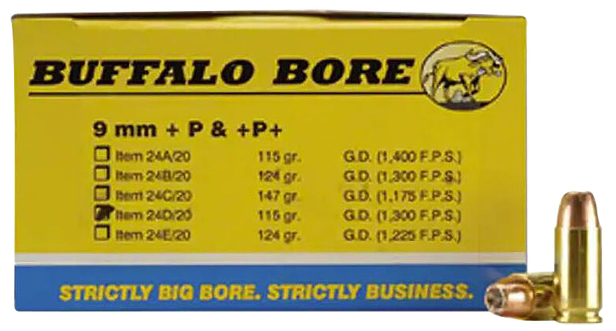 Buffalo Bore 9mm Luger / Parabellum Personal Defense +P 115 grain Jacketed Hollow Point ammunition
