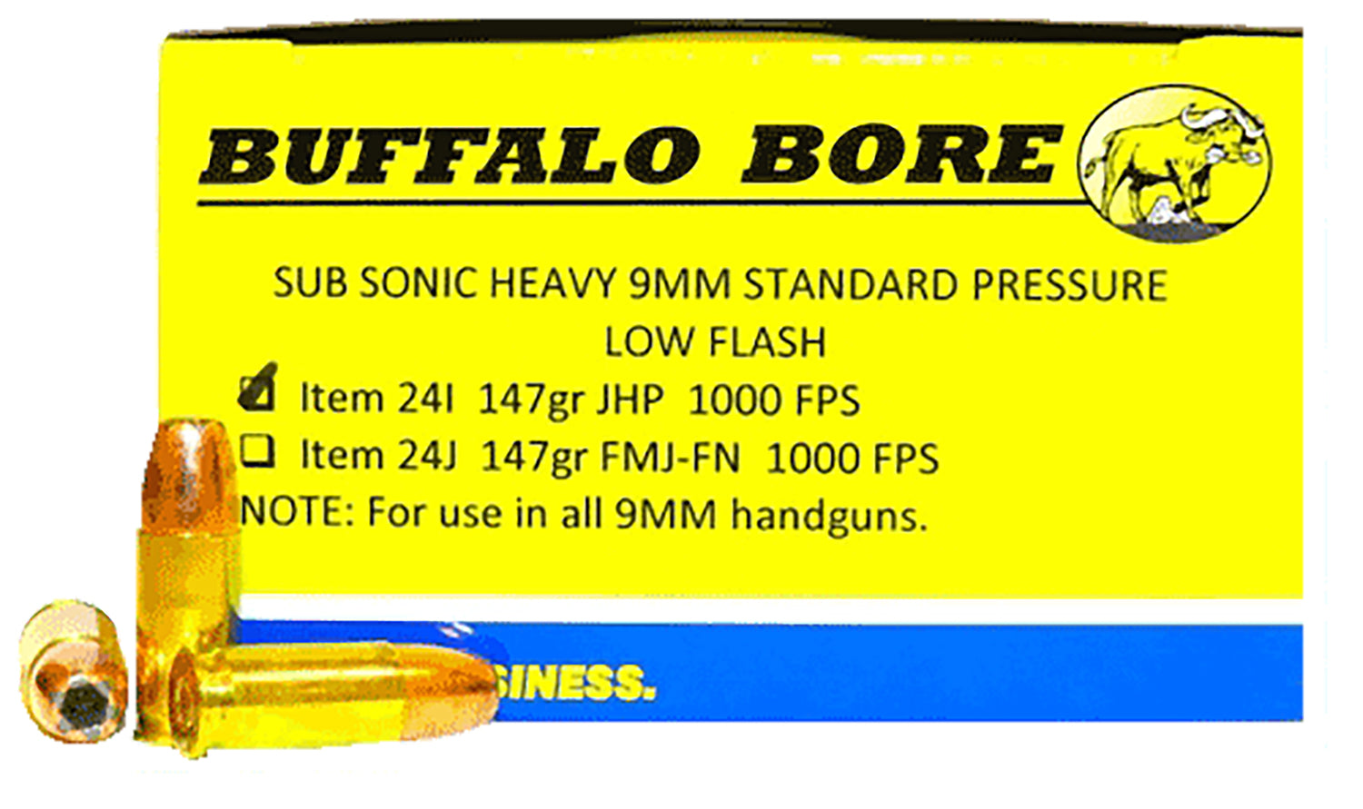 Buffalo Bore 9mm Luger / Parabellum Subsonic 147 grain Jacketed Hollow Point ammunition