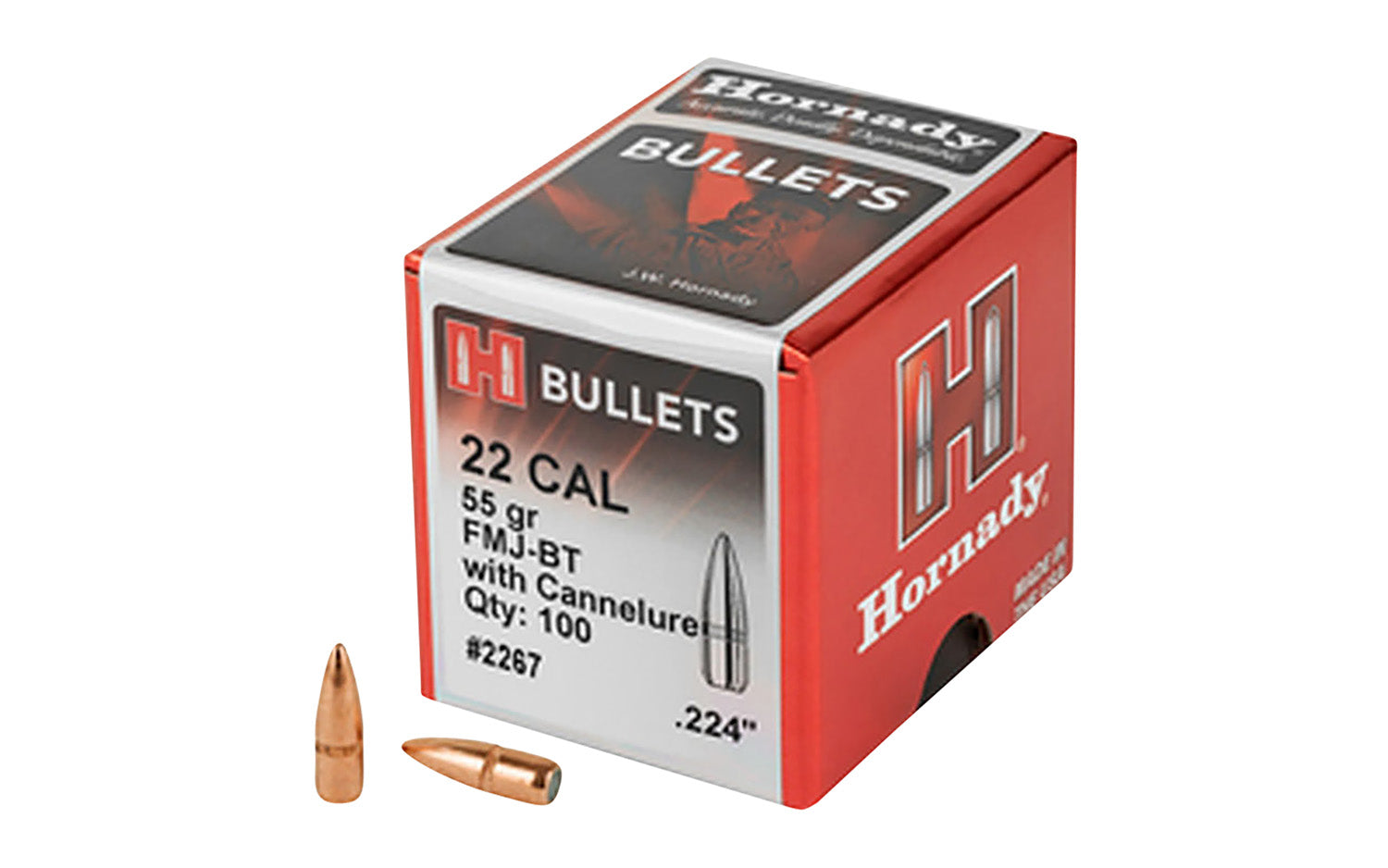 Hornady 2267 Traditional .224 55 Grain FMJ-BT Reloading Bullets 100-Count