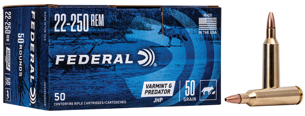 Federal .22-250 Remington American Eagle Varmint & Predator 50 grain Jacketed Hollow Point ammunition