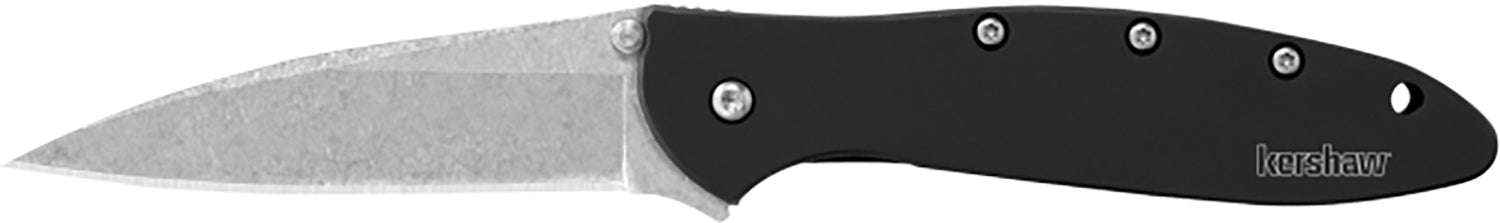 Kershaw 1660SWBLK Leek Folding Knife 3" Plain Drop Point Stonewashed 14C28N Steel Blade Black Aluminum Handle Includes Clip