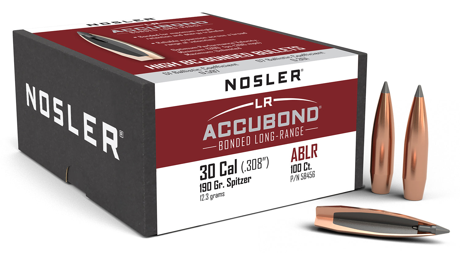 Nosler 58456 AccuBond LR 30 Caliber 190 Grain Spitzer Point Bullets 100/Box