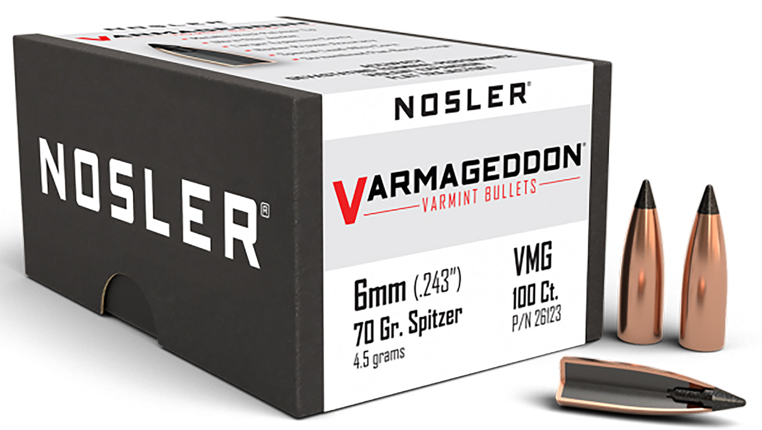 Nosler 26123 Varmageddon 6mm Caliber 70 Grain Flat Base Tipped Bullets 100/Box