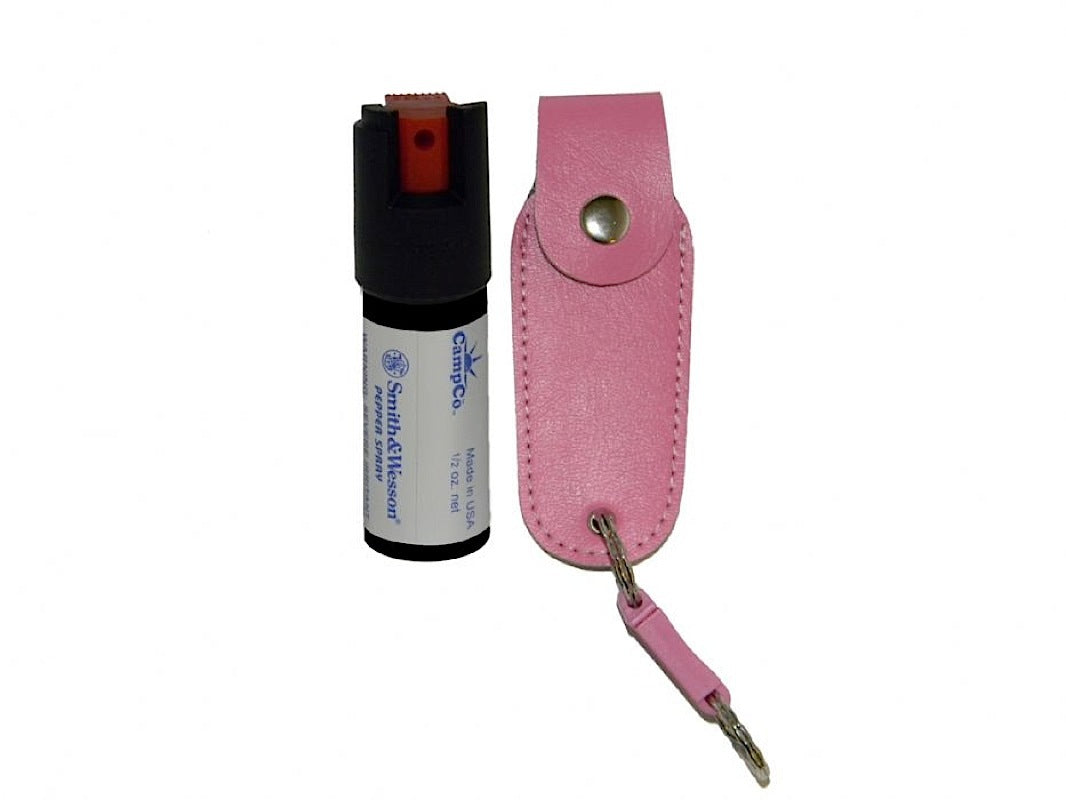 S&W 1203P Pink 0.50 oz Pepper Spray with Leather Holster and Keychain