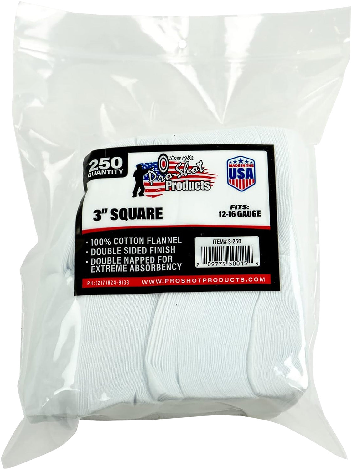 Pro-Shot 12-16 Gauge 3" Square Cotton Flannel Gun Cleaning Patches 250 Pack