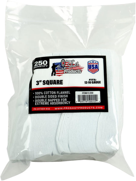 Pro-Shot 12-16 Gauge 3" Square Cotton Flannel Gun Cleaning Patches 250 Pack