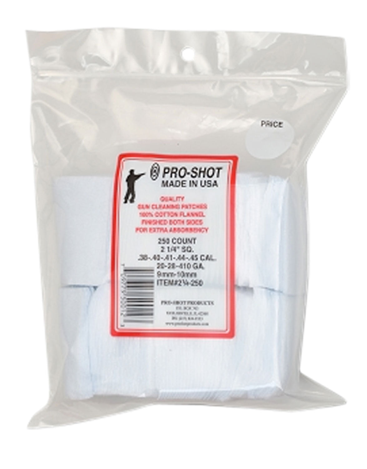Pro-Shot .38-.45/.410/20 Gauge 2.25" Square Cotton Flannel Gun Patches 250 Pack