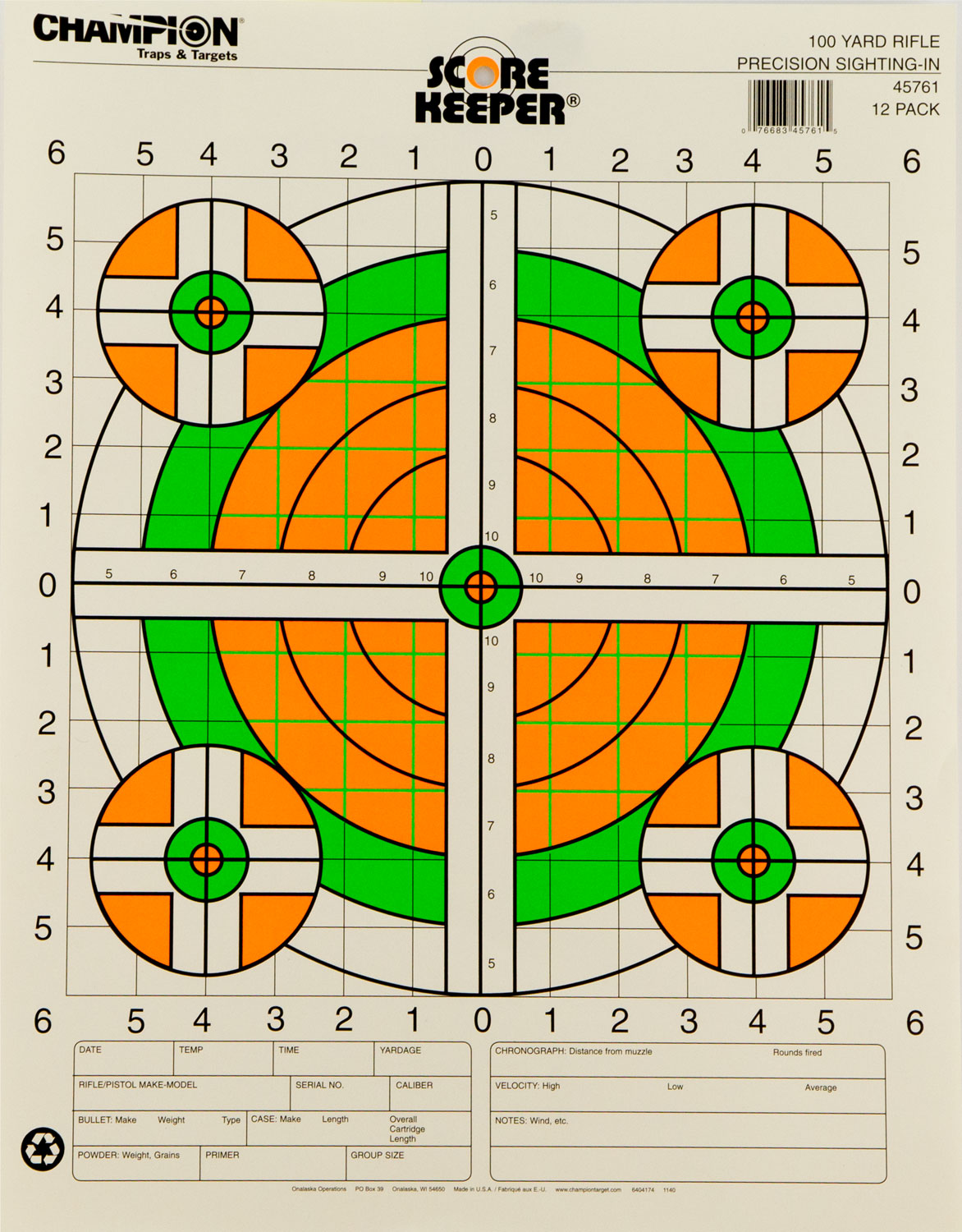 Champion 45761 Score Keeper Green/Orange Bullseye Rifle Hanging Target 14"x18" 12 Pk