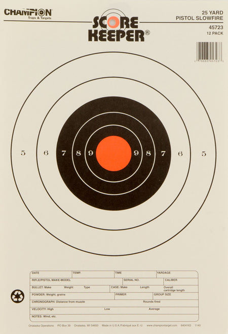 Champion Targets 45723 Score Keeper 25-Yard Pistol Slowfire Bullseye Paper Target 12 Count