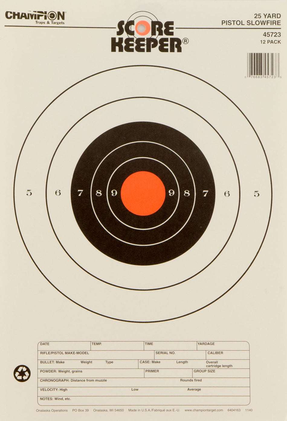 Champion Targets 45723 Score Keeper 25-Yard Pistol Slowfire Bullseye Paper Target 12 Count