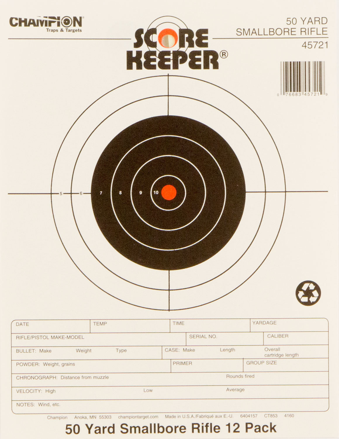 Champion 45721 Score Keeper Black/Orange Small Bore Rifle 50 Yard Target 12 Pk