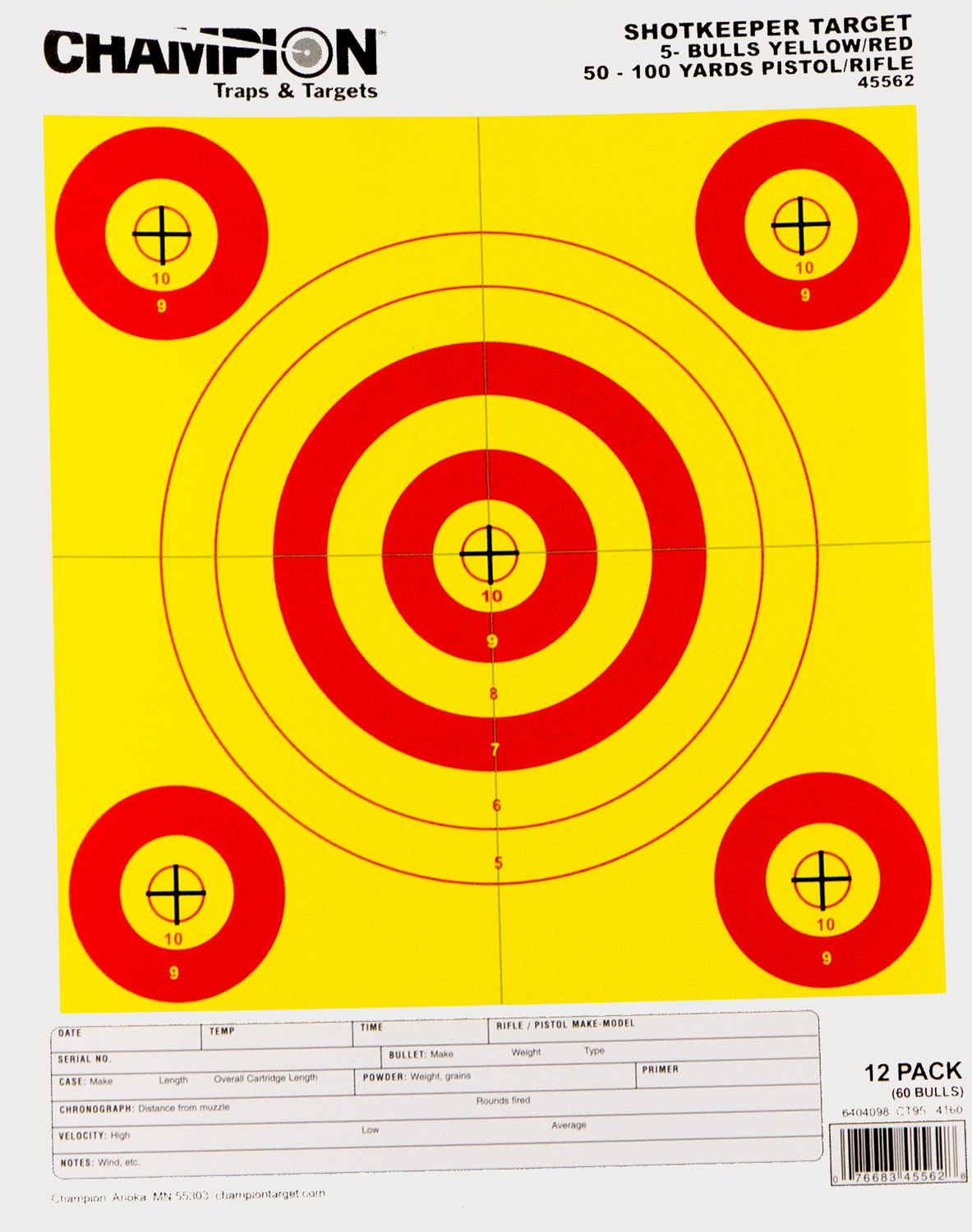 Champion Targets 45562 Shotkeeper Pistol/Rifle Record-Keeping Targets, 5 Bullseye, 12 PK