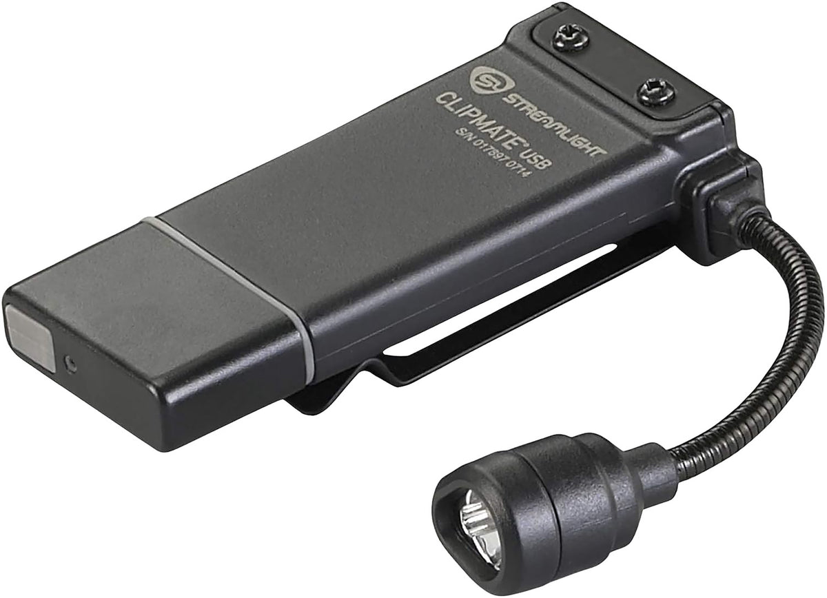 Streamlight 61126 ClipMate USB Compact Clip-On Flashlight Black White/Red LED 70 Lumens