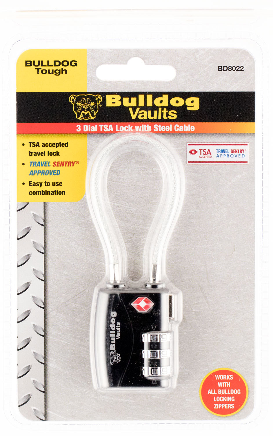 Bulldog BD8022 TSA Cable Lock 4.5" Metal - Works with Bulldog Locking Zippers