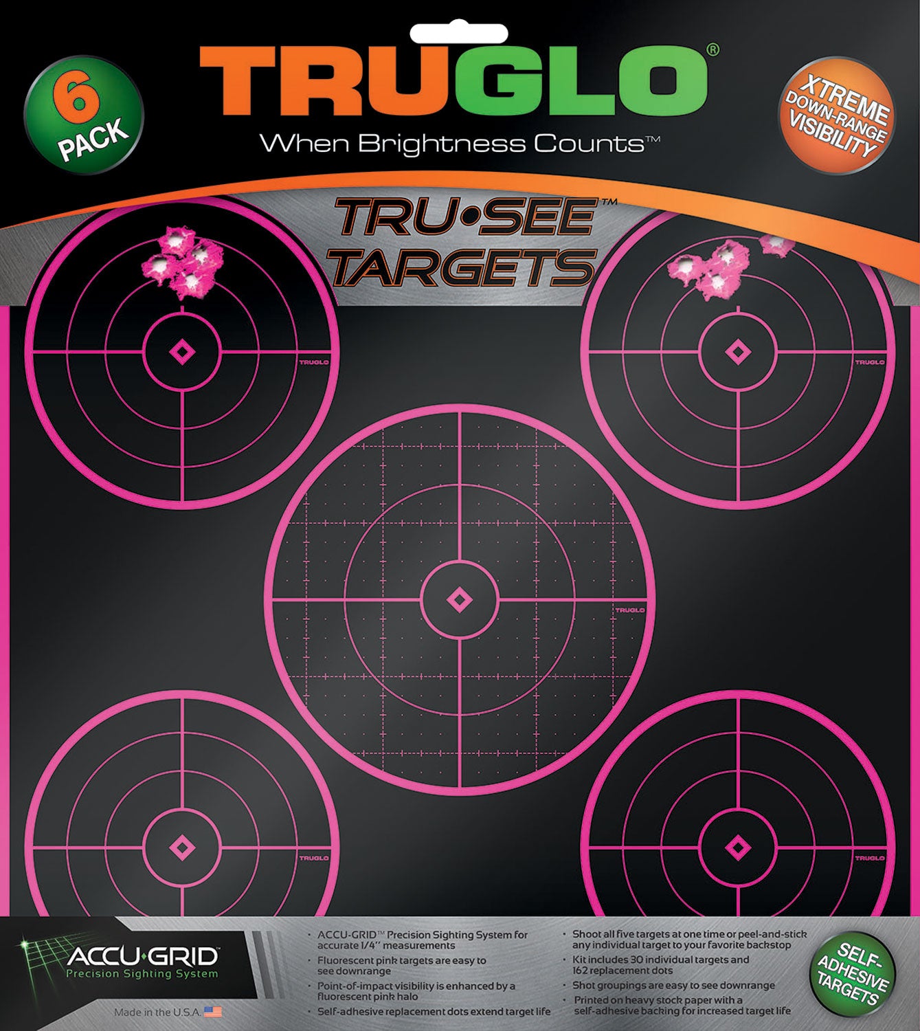 TruGlo TG11P6 Tru-See 5-Bull Self-Adhesive Shooting Target Black/Pink 12x12 Inch 6 Pack