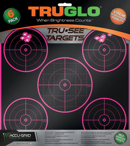 TruGlo TG11P6 Tru-See 5-Bull Self-Adhesive Shooting Target Black/Pink 12x12 Inch 6 Pack