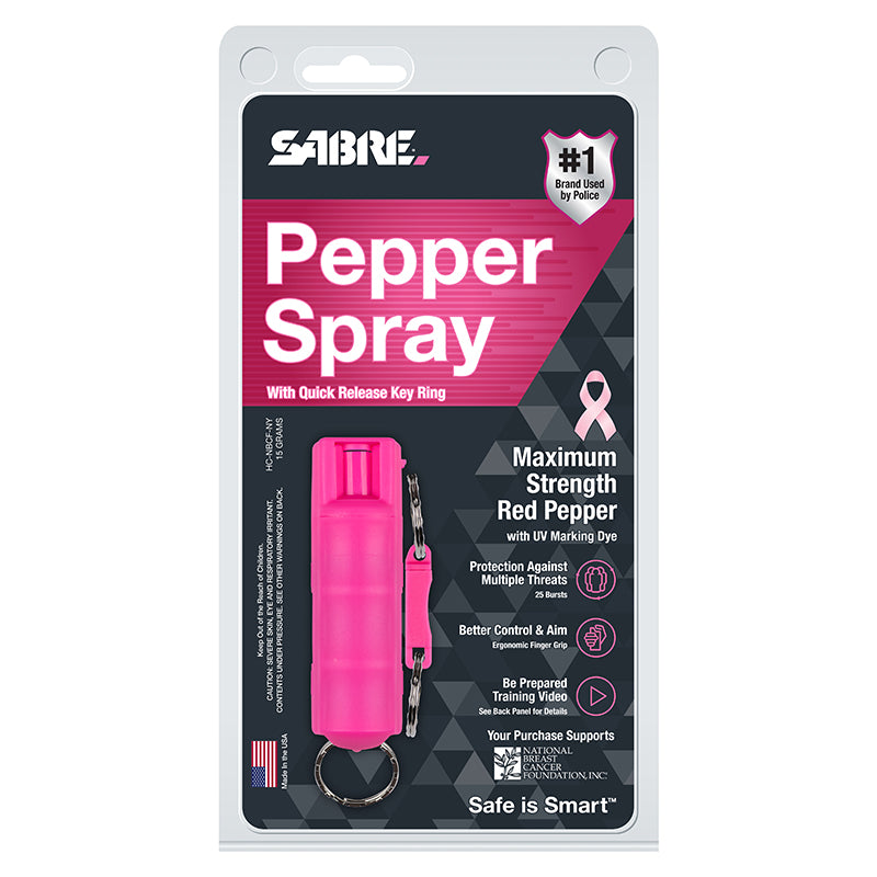 SABRE 3n1 Pepper Spray Quick Release Key Ring Pink NBCF 10ft Range