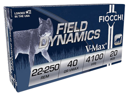 Fiocchi Field Dynamics Hornady V-Max 40 Grain .22-250 Remington 4100 fps 762344711034