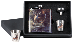 Rivers Edge Deer Themed Stainless Steel Flask with Shot Glasses