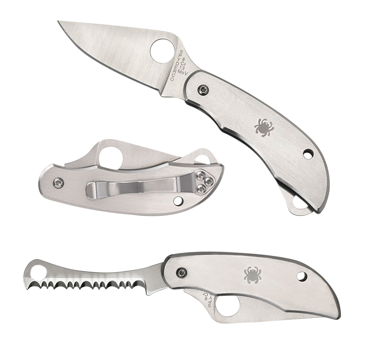 Spyderco C176P&S ClipiTool Silver Stainless Folding Knife Part Serrated 8Cr13MoV Blade Built-In Screwdriver and Opener