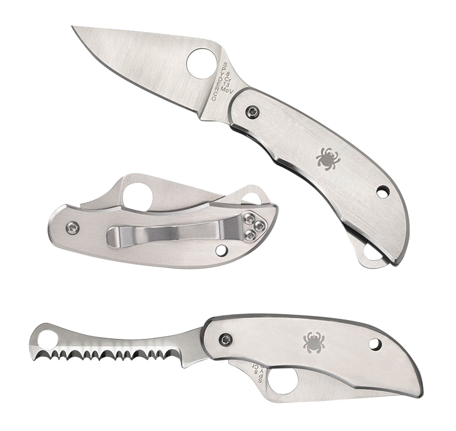 Spyderco C176P&S ClipiTool Silver Stainless Folding Knife Part Serrated 8Cr13MoV Blade Built-In Screwdriver and Opener