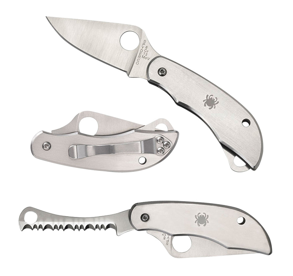 Spyderco C176P&S ClipiTool Silver Stainless Folding Knife Part Serrated 8Cr13MoV Blade Built-In Screwdriver and Opener