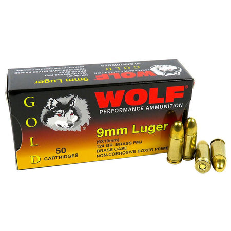 Wolf 9mm Luger / Parabellum Gold Performance 124 grain Full Metal Jacket ammunition