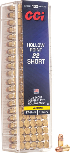CCI High Velocity VNT Copper Plated Hollow Point 27 Grain .22 Short 1105 fps 076683000286