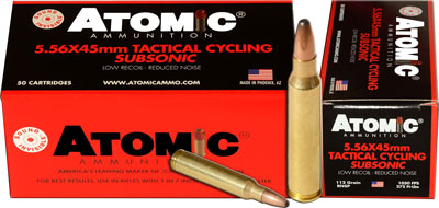 Atomic 5.56x45mm NATO Subsonic 112 grain Soft Point Round Nose ammunition