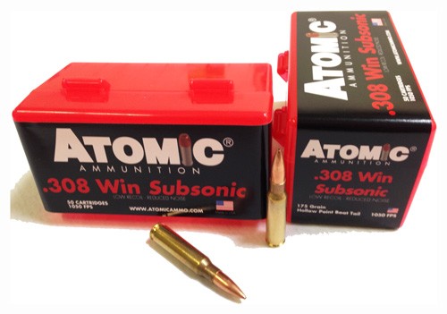 Atomic .308 Win / 7.62x51mm SubSonic 175 grain Sierra Boat Tail Hollow Point ammunition
