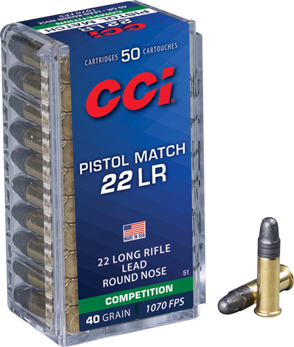 CCI Pistol Match Lead Round Nose 40 Grain .22 Long Rifle 1070 fps 076683000514