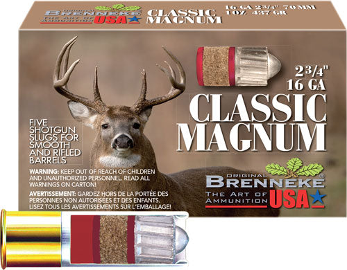 Brenneke SL-162CLM Classic Magnum Hunting 16 Gauge 2.75" 1oz Slug 1480 fps 4030128160184