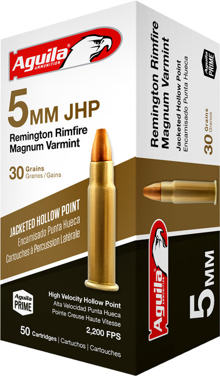 Aguila 5mm Remington Rim Target & Range High Velocity Magnum Varmint 30 grain Jacketed Hollow Point ammunition