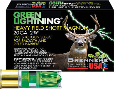 Brenneke SL-202HFSGL Green Lightning Heavy Field Short Magnum 20 Gauge 2.75" 1oz Slug 1392 fps 4030128200170