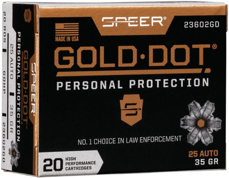 Speer Gold Dot Personal Protection Hollow Point 35 Grain .25 ACP 900 fps 604544647174