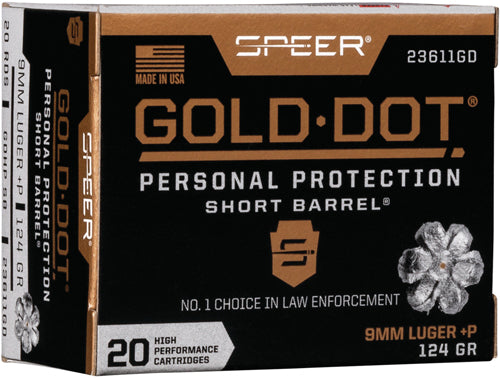Speer 9mm Luger / Parabellum Gold Dot +P Personal Protection Short Barrel 124 grain Jacketed Hollow Point ammunition