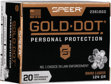 Speer 9mm Luger / Parabellum Gold Dot Personal Protection 124 grain Jacketed Hollow Point ammunition