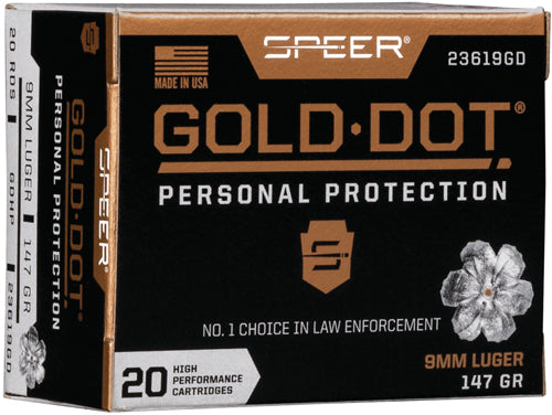 Speer 9mm Luger / Parabellum Gold Dot Personal Protection 147 grain Jacketed Hollow Point ammunition