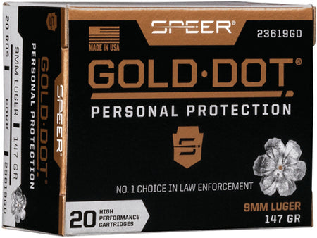 Speer 9mm Luger / Parabellum Gold Dot Personal Protection 147 grain Jacketed Hollow Point ammunition
