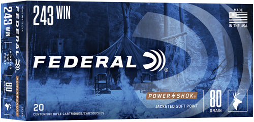 Federal PowerShok Jacketed Soft Point 80 Grain .243 Winchester 3330 fps 029465091354